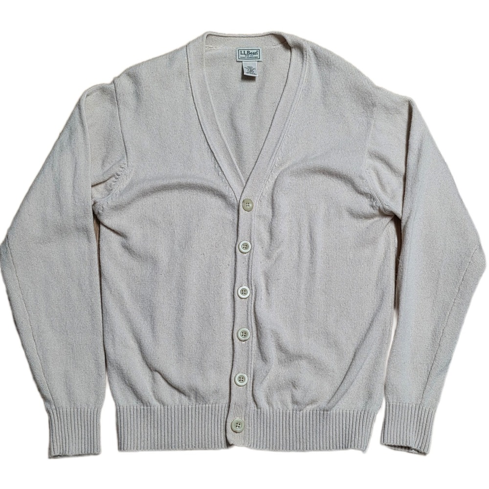 LLBean V Neck Button Up Cardigan Men's Size S Regular Beige Lambswool Blend